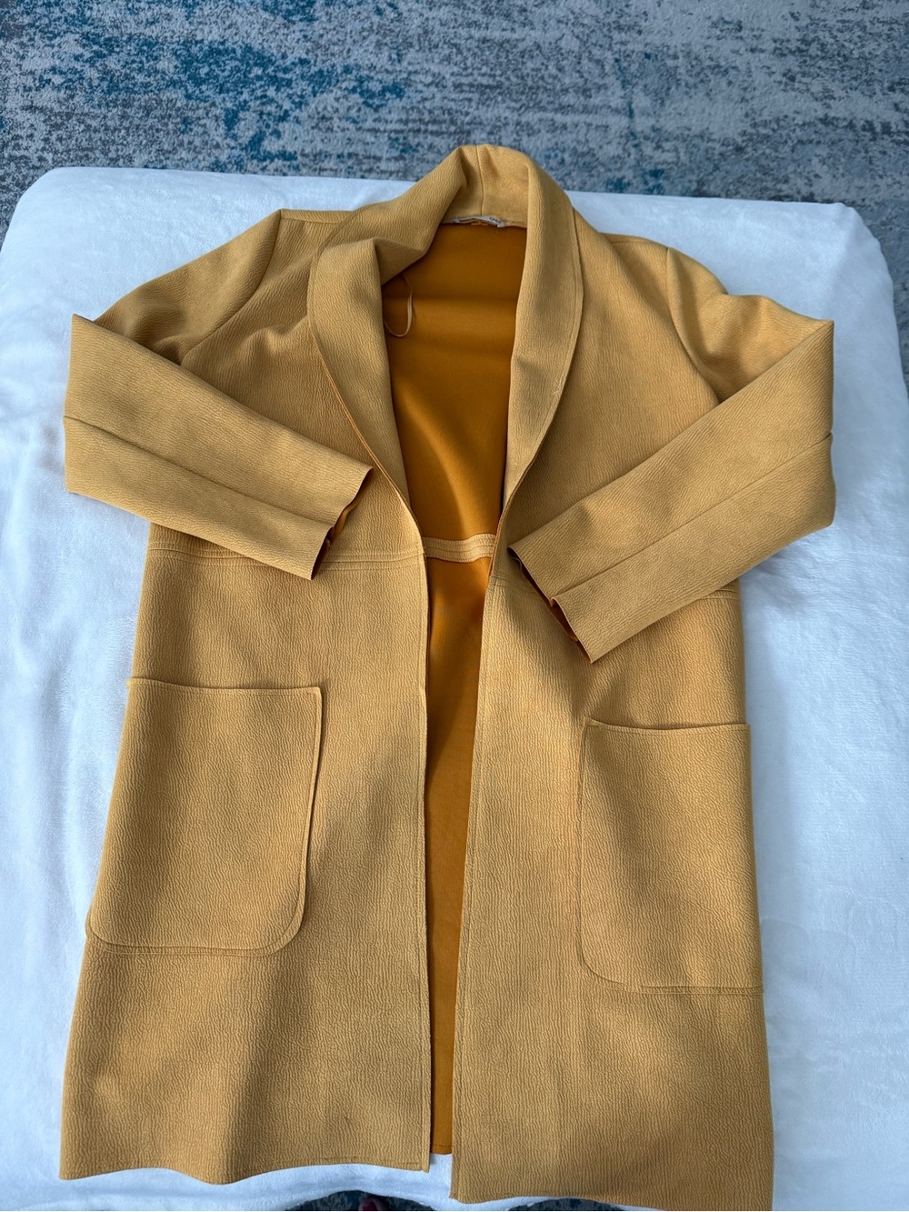 Zara Womens Mid Open Golden Yellow Coat Size Small Faux Suede EB2